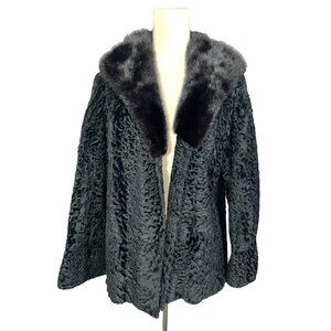 Vintage 60s Black Karakul Lamb Swing Coat Size Mink Collar Mod Glam Luxurious